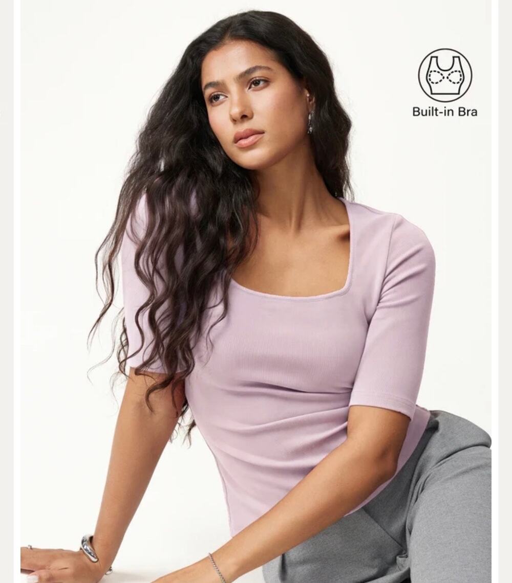 OGL Move Light Pink Square Neck Elbow Sleeve Ribbed Knit Top Size S New NWT